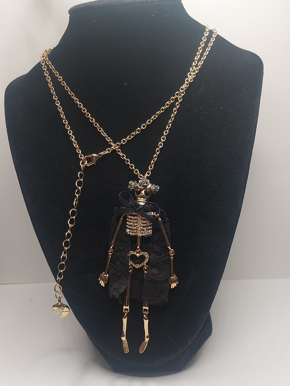 Betsey Johnson Skeleton Gold Tone Clear Pave Rhinestone Long Necklace 30"